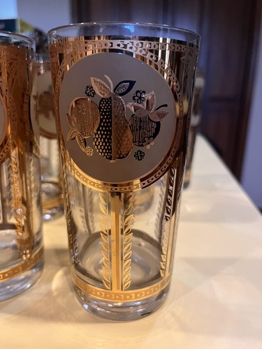 MCM Barware Set 7 Cera Libbey High Ball Beverage Glasses Fruit Pineapple Leaves - Picture 10 of 15
