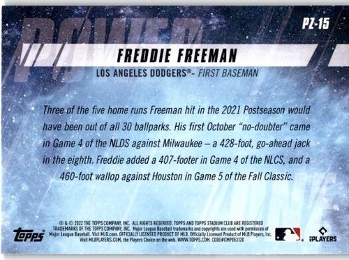 FREDDIE FREEMAN 2022 Topps Stadium Club Power Zone #PZ-15 Dodgers - Picture 2 of 2