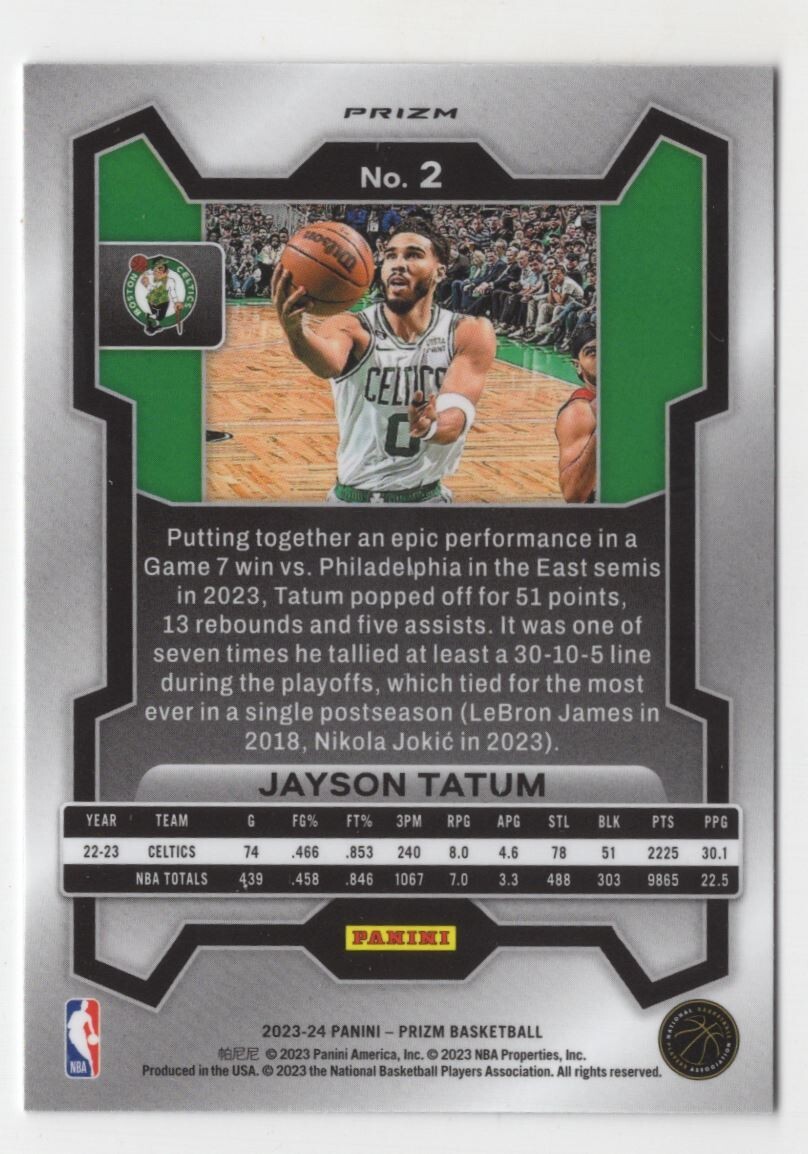 ジェイソン テイタム Panini Prizm 199枚限定 2年目 2023-24 Panini Prizm - Jayson Tatum Silver Prizm - Boston