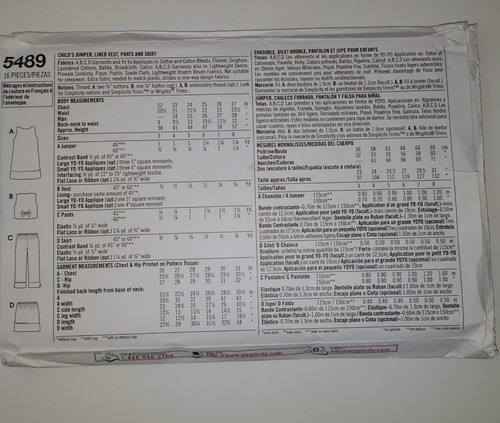 Simplicity 5489 Size 3-8 Girls' Jumper Lined Vest Pants Skirt - Picture 2 of 2