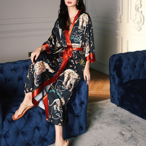 Women Satin Kimono Robe 3/4 Sleeve V Neck Drop Shoulder Luxury Belted Bathrobe - Picture 85 of 97