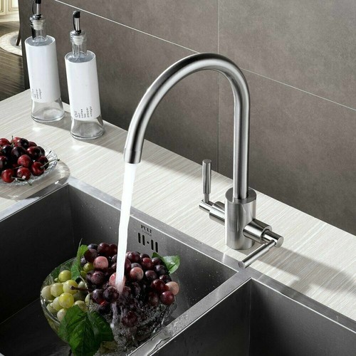 Modern Mono Kitchen Sink Mixer Tap Twin Lever Brushed Curved Swivel Spout Faucet - Picture 4 of 8