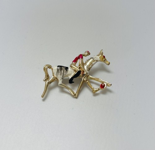 VINTAGE HAND PAINTED HORSE RIDER POLO FAUX RUBY PIN BROOCH