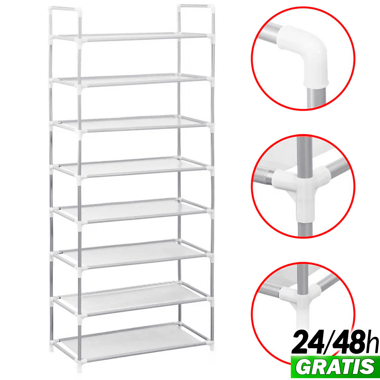 Zapatero 8 Baldas Niveles Estantes 136x56.5x26.5cm Estantería Multiusos Metálico