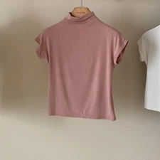 Women Flying Sleeve Half High Neck T-shirt Pink Size S