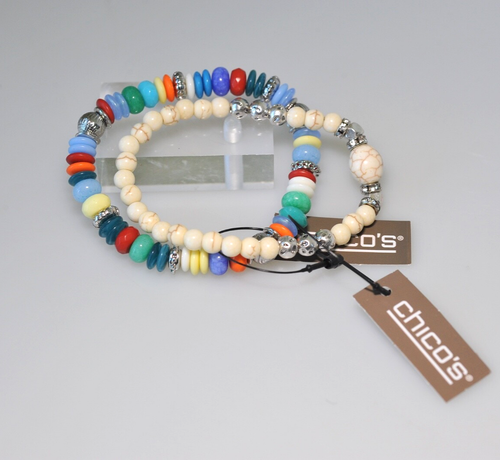 Lot of 2 Chicos colorful Stretch Bracelet NWT blue green I red ivory rhinestone