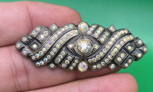Vintage Silver tone Art Deco ab Rhinestone Trombone Clasp brooch Pin - Picture 1 of 5