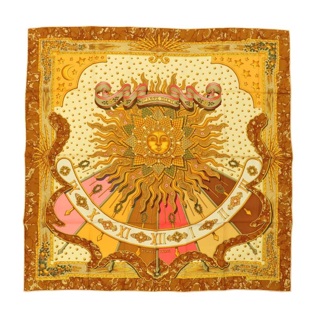 Hermes Carre 90 CARPE DIEM Enjoy your day Scarf Silk Gold Vintage Accessory