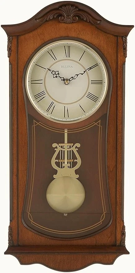 Bulova Clocks Cranbrook Wall Mount Analog Wooden Chiming Clock Brown