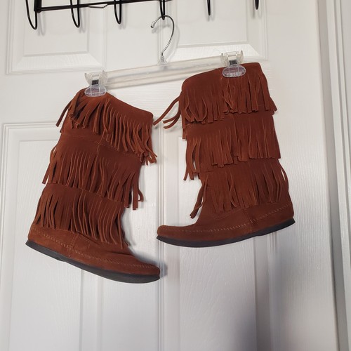 Minnetonka Fransen Mokassin Stiefel braun Leder Wildleder zum Überziehen Größe 7 flach - Bild 4 von 14