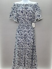 Anthropologie Kindred PXL White Dress Navy Floral Off Shoulder Maxi Smocked