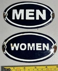 MATCHED SET OF OLD VINTAGE PORCELAIN GAS STATION MEN & WOMEN RESTROOM OVAL SIGNS