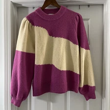 FRNCH Paris Crew Neck Pointelle Knit Sweater Large Pink Ivory
