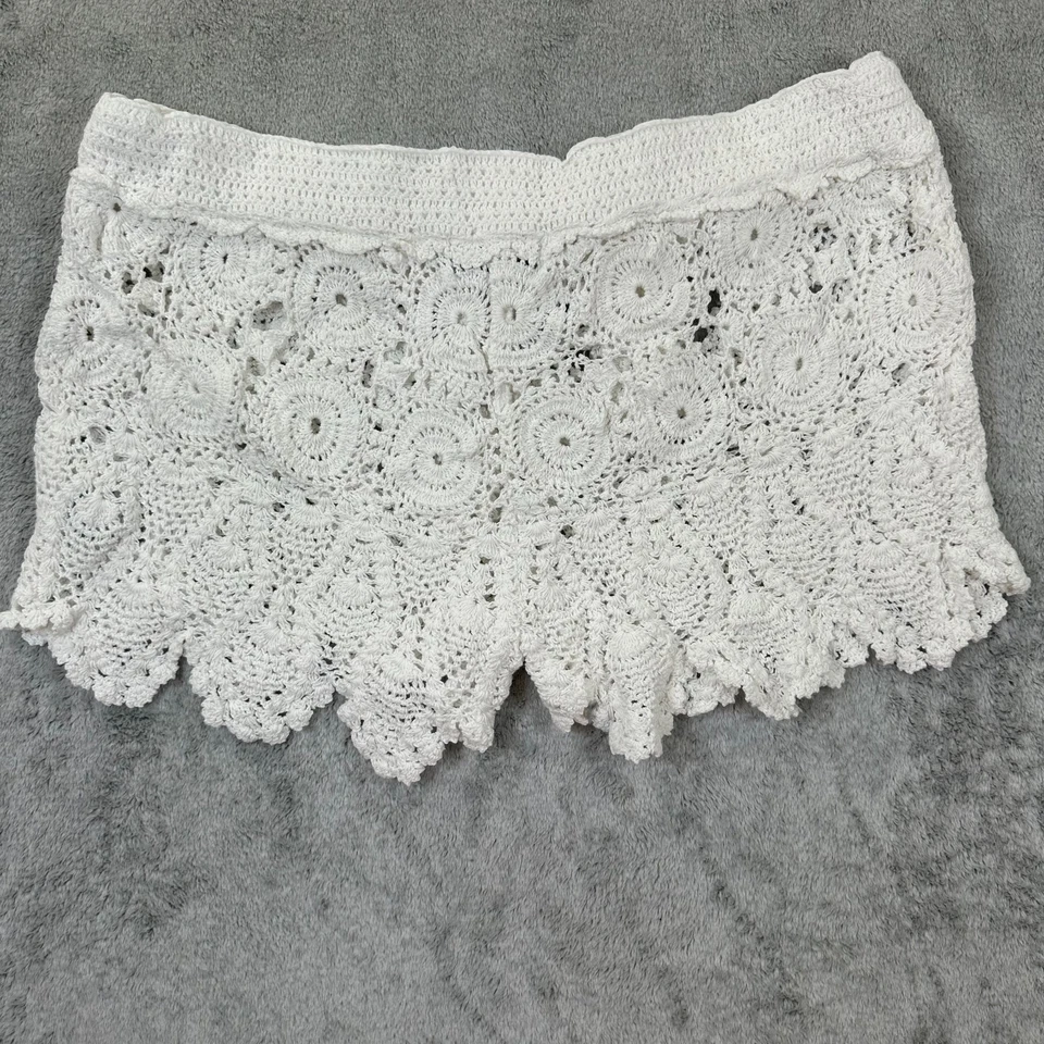 Pantalones Cortos Letarte Crochet Mujer L Blanco Algodón Cintura Atada Dobladillo Vieira Boho Ropa de Playa Foto 3 de 4