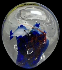 Art Glass Paperweight Fish Swimming Around Coral Controlled Bubbles 3” X 2.5”