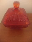 1971 JEANETTE CARNIVAL GLASS AMBERINA RED YELLOW OAK ACORN CANDY DISH