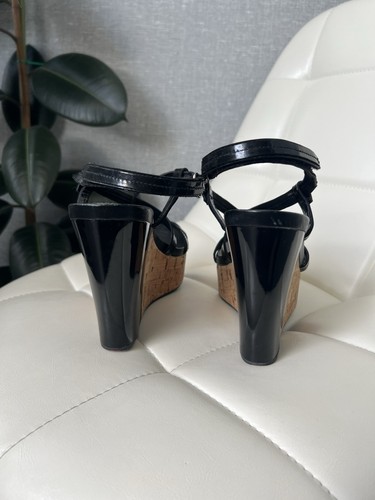 Prada Black Patent Leather Cork Wedge Sandals Shoes Size 37 - Picture 17 of 24