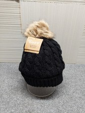 Just Cozy Women Beanie Hat One Size Black Cable Knit Faux Fur Pom Pom Warmer