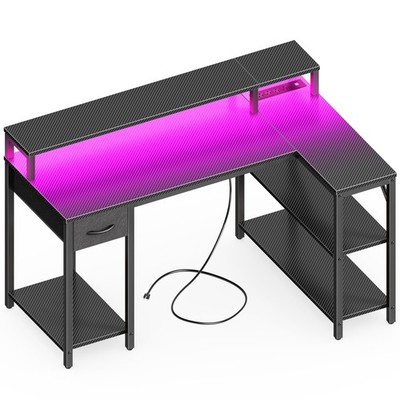 47 inch L Shaped Gaming Desk with LED Lights & Power Outlets, Reversible Comp...