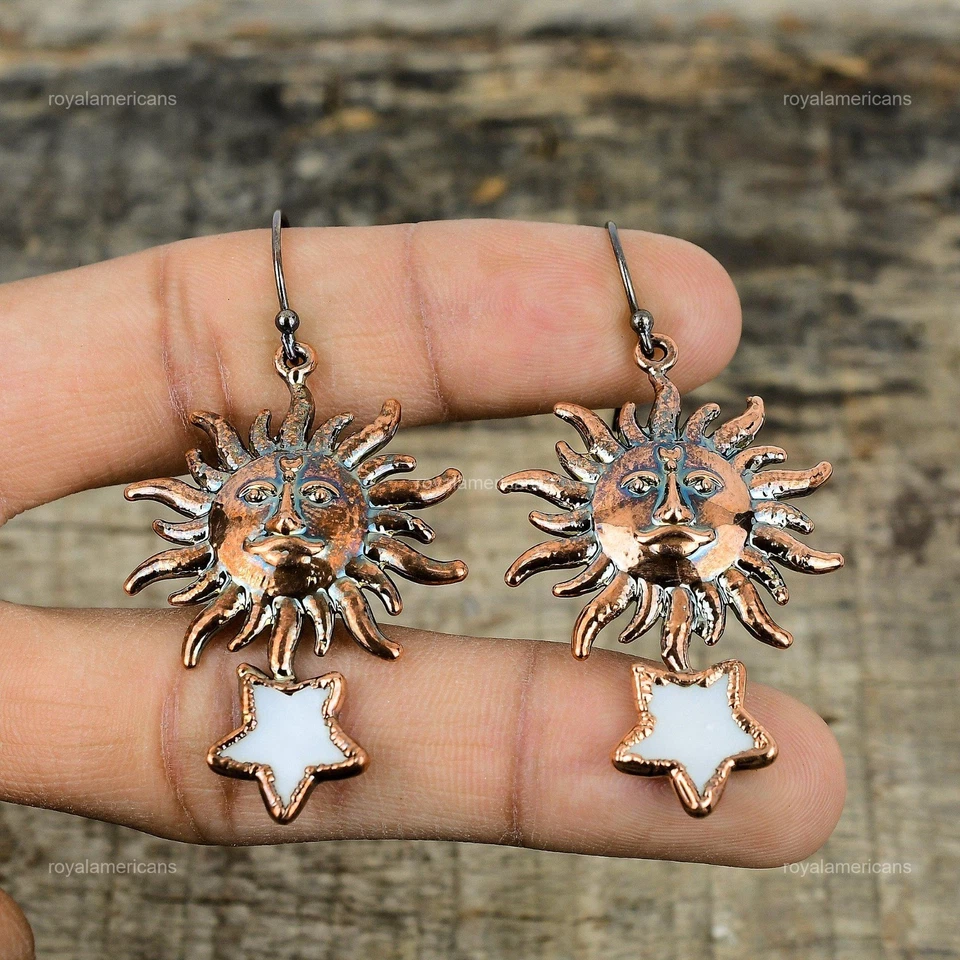 Pendientes estrella sol electroformados mujer bisel colgante madreperla natural cobre Foto 4 de 4