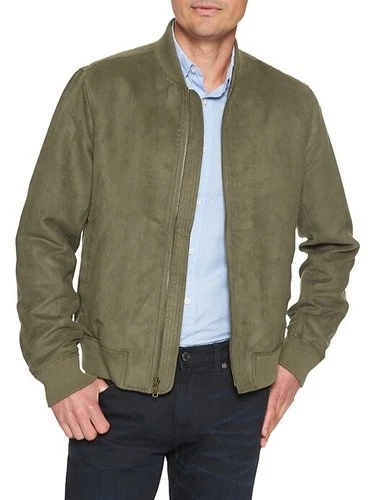 Banana Republic Men’s M Bomber Jacket Faux Vegan Suede Full Zip Pockets Green video thumbnail