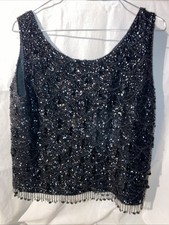 Vintage Black Sequin Beaded Fringe Tank Top Meduim Wool Evening Elegant 60s VTG