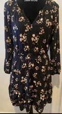 Navy Cream Floral Smocked Waist Dress V-Neck Long Sleeve Short Women Regular