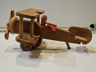 Vintage Handmade Bi-plane, Wooden Model Aeroplane. Movable Wheels & Propeller