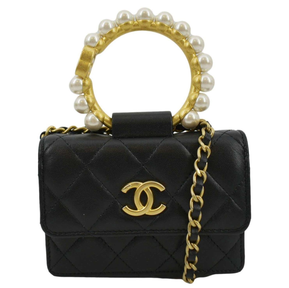 CHANEL Pearl Mini Quilted Leather Top Handle Shoulder Bag Black | eBay