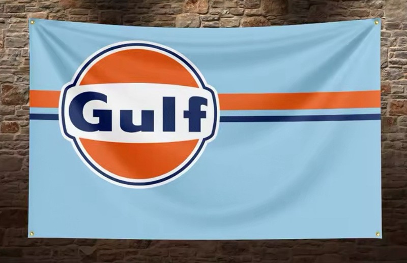 Gulf Oil Gasoline Flag Banner 2x3ft Orange Blue Stripe Racing Decor Man Cave #2