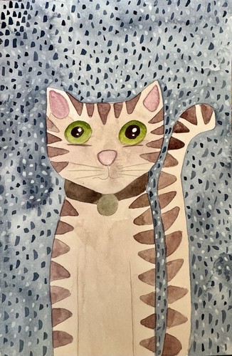 Graue Katze Portrait hübsch grünäugig modern Volk Außenseiter Original Gemälde Kunst
