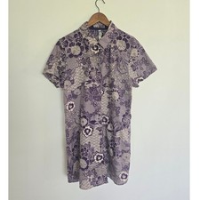 Vintage Cruz by Natori Purple Floral Shirt Dress Size M Asian Inspired Print