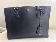 Tory Burch Robinson Black Saffiano Leather Medium Tote Bag Gold Logo Charm