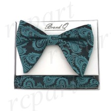New formal Men Pre-tied long style paisley Bow tie  Hankie black teal wedding