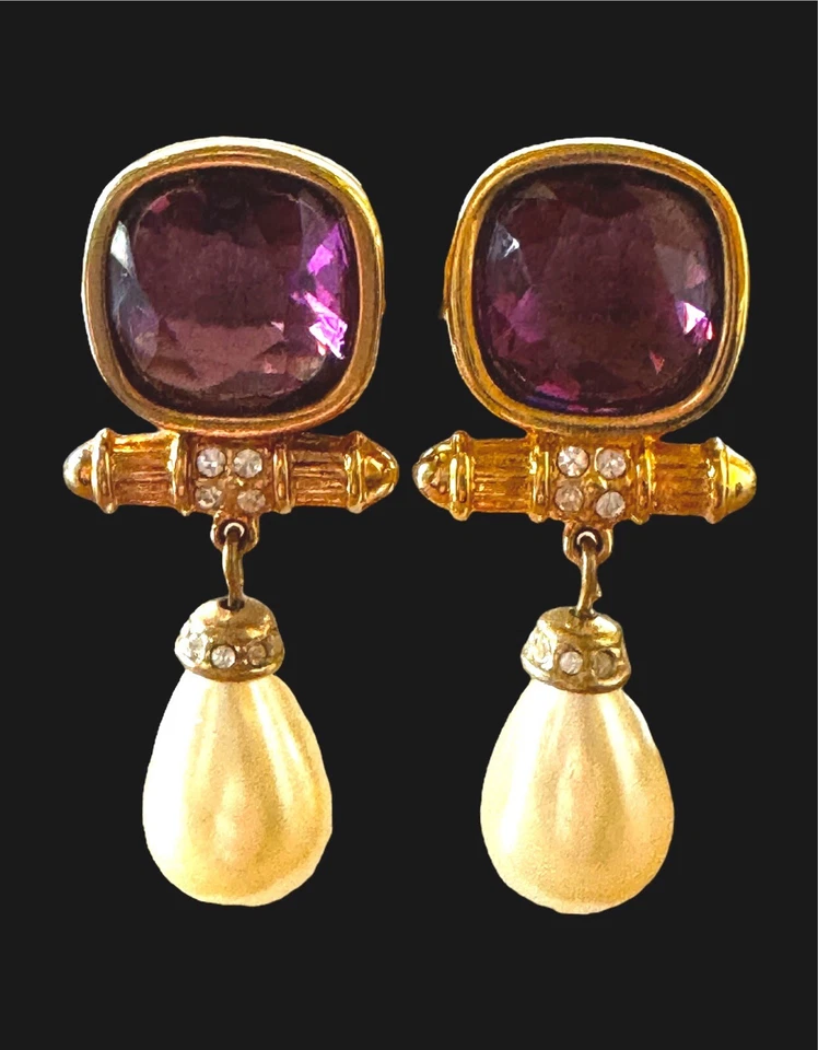 ELEGANT SWAROVSKI 18K GP AMETHYST CRYSTAL RHINESTONE FAUX PEARL DANGLE EARRINGS - Image 2 of 4