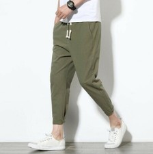 Men's Cropped Trousers Elastic Waist Linen Plain Harem Pants Summer Casual
