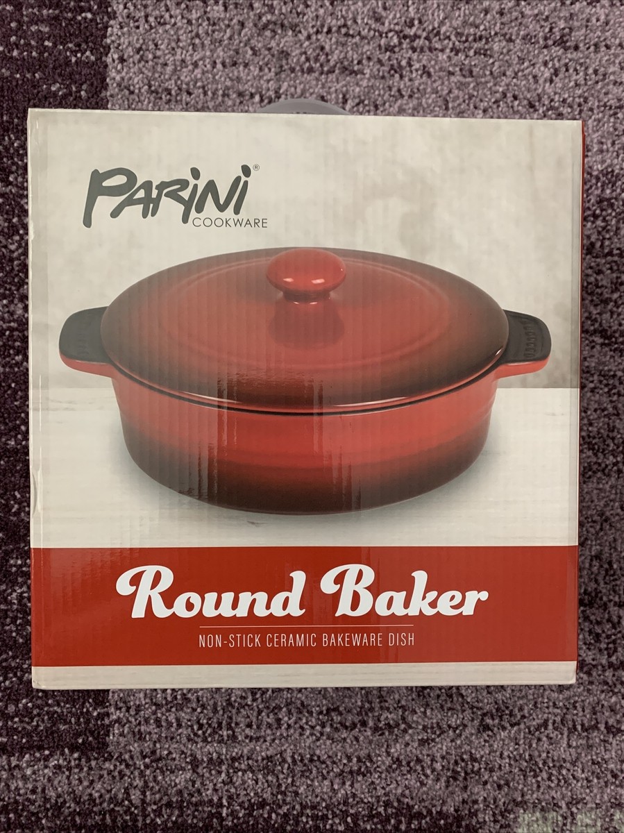 Brand New Red Parini Ceramic Round Baker with Lid Non-stick Bakeware Dish