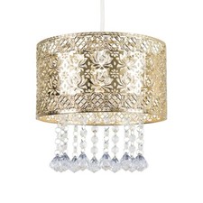 Gold Ceiling Light Shade Pendant Drum Lampshade Jewel Droplets LED Bulb Lighting