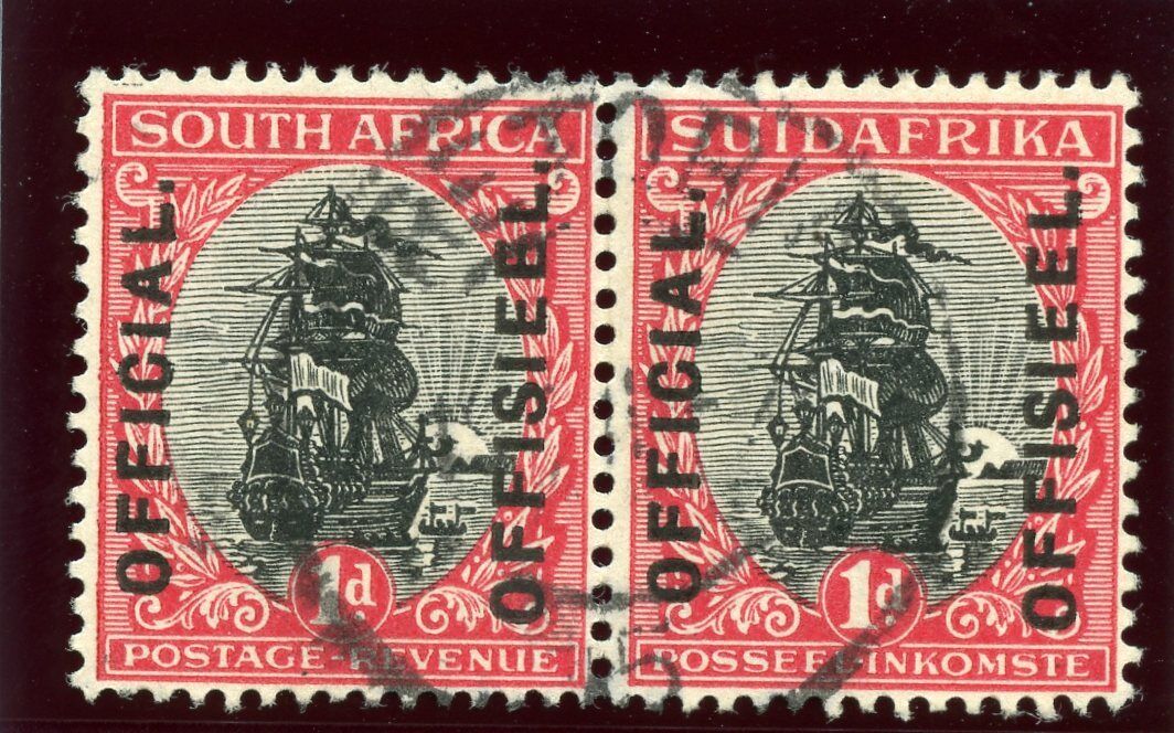 South Africa 1926 Official 1d Deluxe pair carmine black VFU bilingual OFFicial store