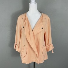 Chicos Peach Linen Jacket Size 2 Large Open Front Roll Tab 3/4 Sleeves