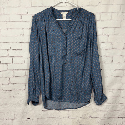 H&M Shirt Womens 6 Blouse Top Long Sleeve Geometric Button V Neck Pocket Blue