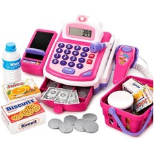 Pink Toy Cash Register with Food Basket - Kids Pretend Play