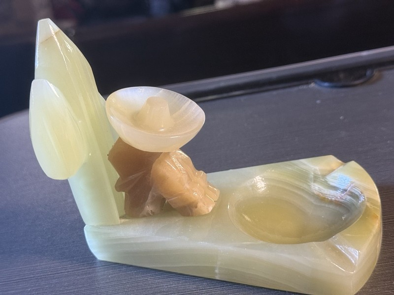 Vtg Green Onyx Marble Ashtray Cactus Siesta ManFigure Carved Stone Tobaccian