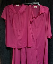 Vtg Vanity Fair Nylon Pink 3 Piece Pajama Set Robe Top Pants USA Made Size L