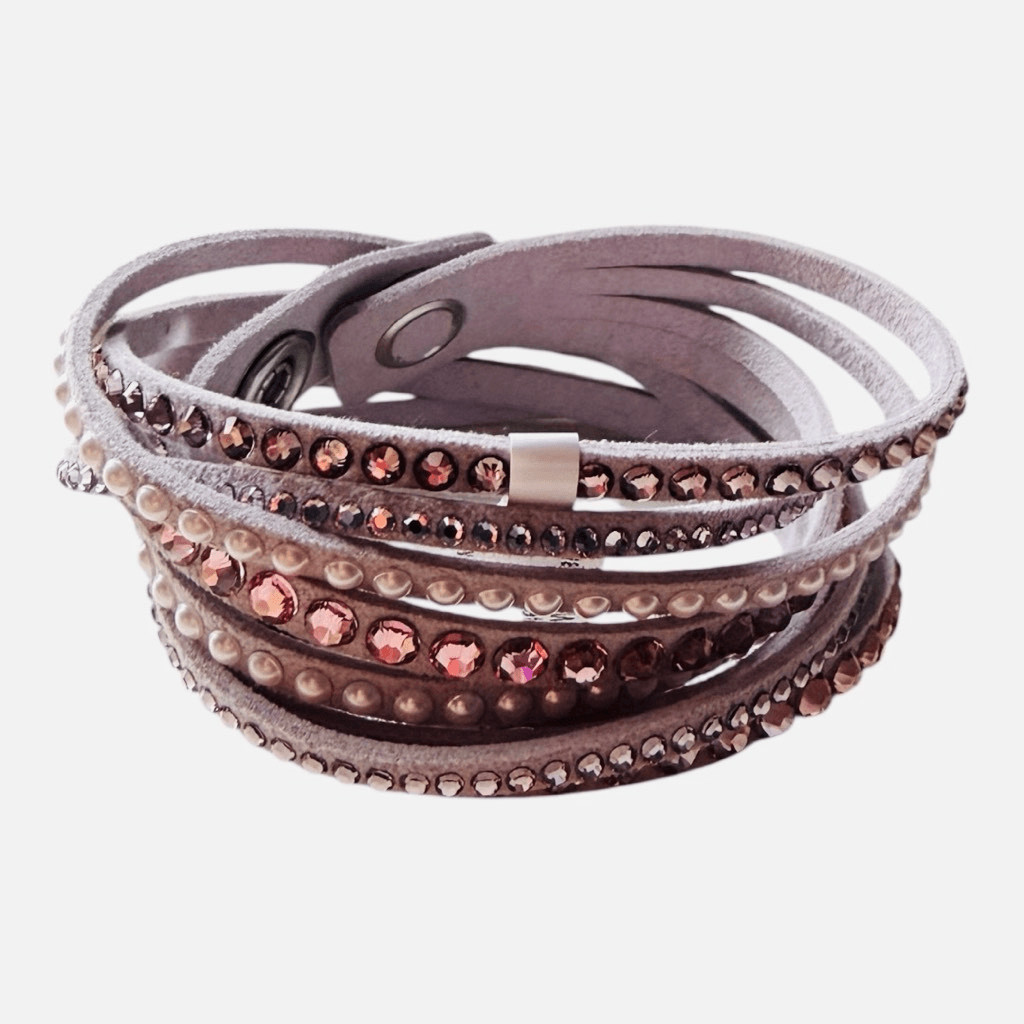 Swarovski Slake Light Purple Leather Wrap Bracelet with Pearls, Crystals and Adj