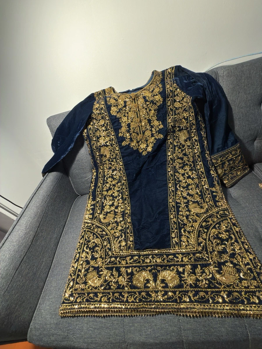 slim fit dress slacks Sailor Blue and Gold Wedding Wear Bridal Gown Anarkali Long Indian Dress