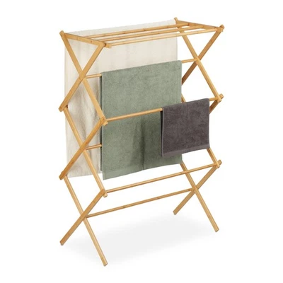 Etendoir accordeon porte-serviettes en bambou séchoir à linge sur pied léger - Photo 1/4