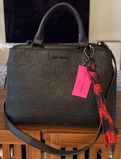 NWT Betsey Johnson Black Skull Boss Embossed Bag W/Scarf XODELTA Skulls Purse
