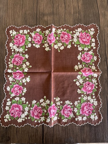 Vintage Floral Hankie Burmel? Linen Brown Pink Green White Scalloped Edge