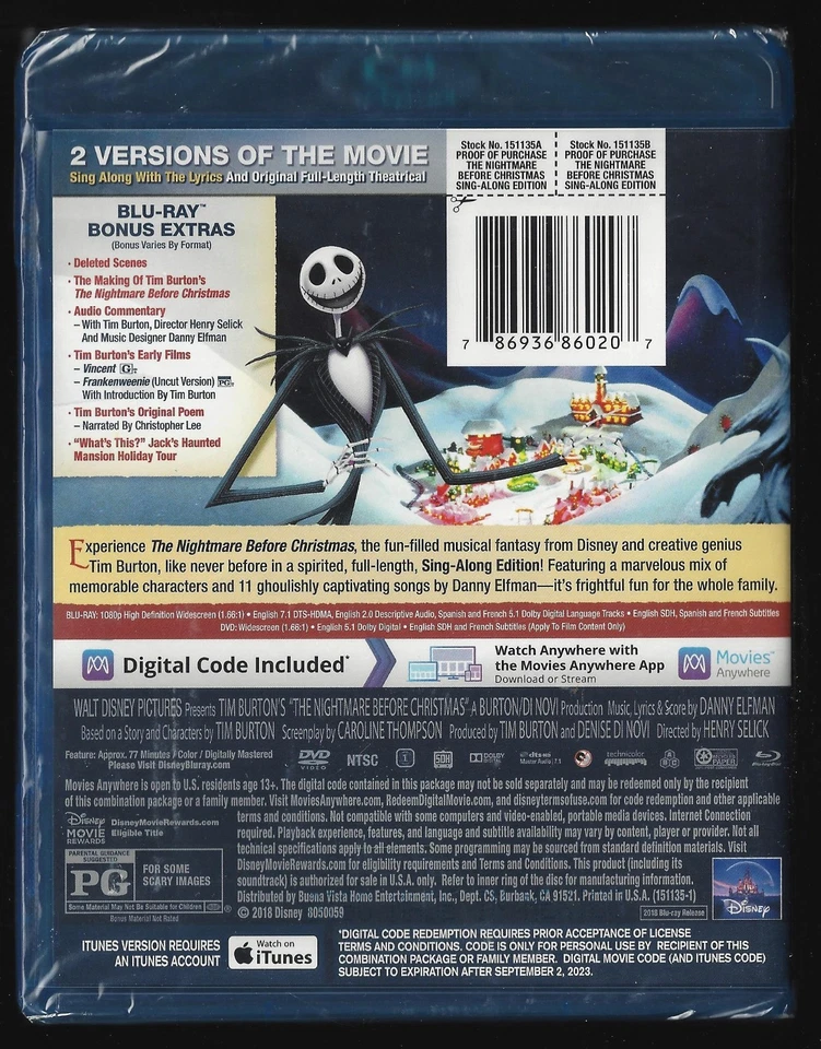 The Nightmare Before Christmas (Blu-ray + DVD, 2018, Sing-Along Edition) Sealed - Image 2 of 2